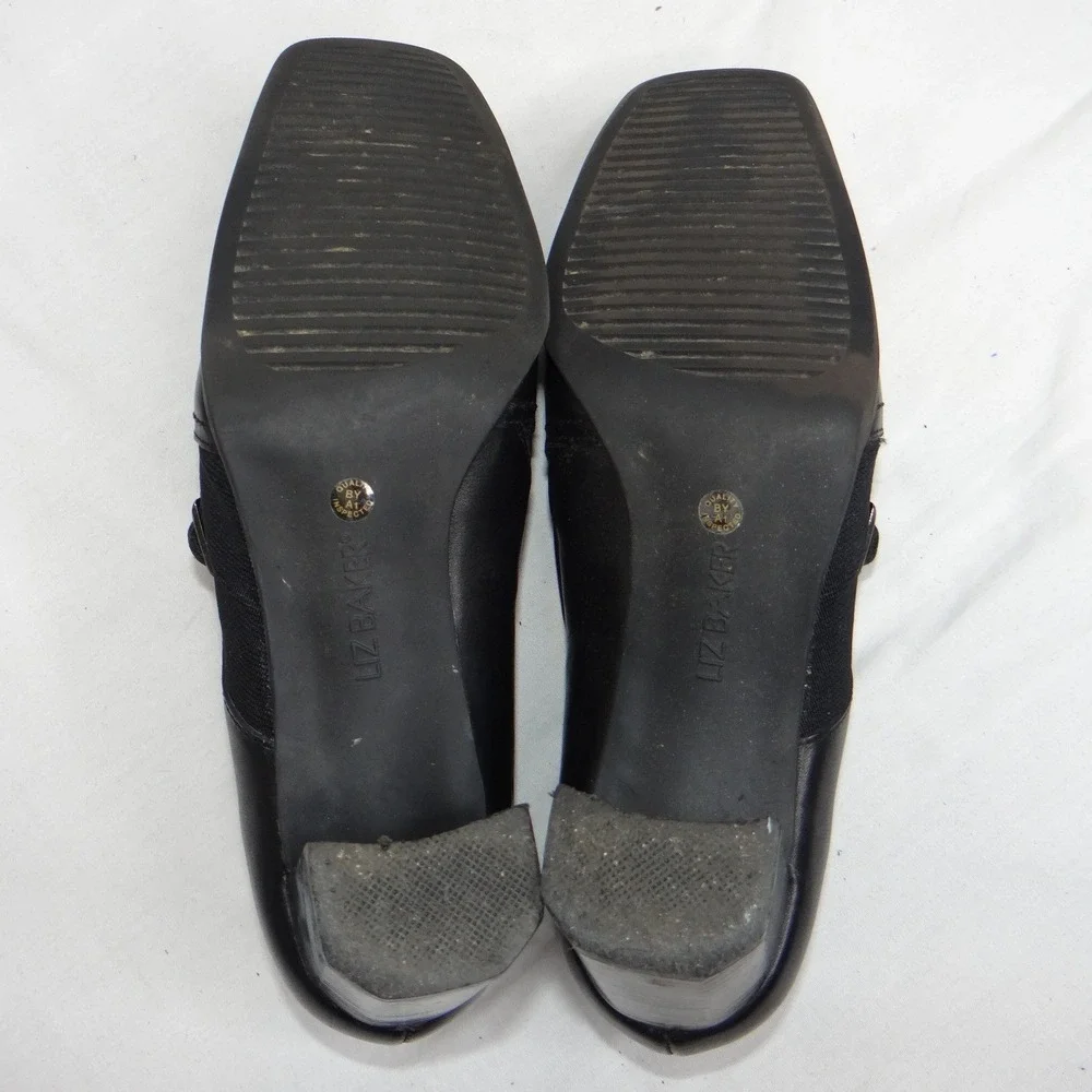 Liz Baker Black Leather Ankle Booties Block Heel Buckle‎ Slip On Women 7.5 M B